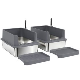 2 Pack XL Stainless Steel Litter Box, Metal Cat Litter Box High Sided with Tracking Step & Stainless Steel Scoops